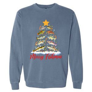 Merry Fishmas Funny Christmas Tree Lights Fish Fishing Rod Garment-Dyed Sweatshirt