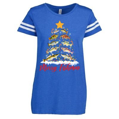 Merry Fishmas Funny Christmas Tree Lights Fish Fishing Rod Enza Ladies Jersey Football T-Shirt