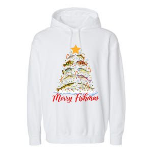 Merry Fishmas Funny Christmas Tree Lights Fish Fishing Rod Garment-Dyed Fleece Hoodie