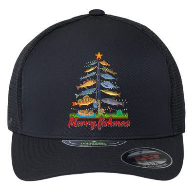 Merry Fishmas Funny Fisher Christmas Tree Fishing Pajama Flexfit Unipanel Trucker Cap