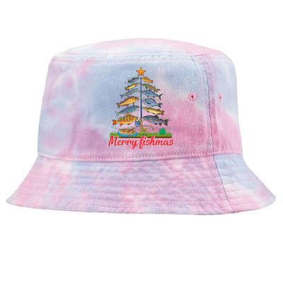 Merry Fishmas Funny Fisher Christmas Tree Fishing Pajama Tie-Dyed Bucket Hat