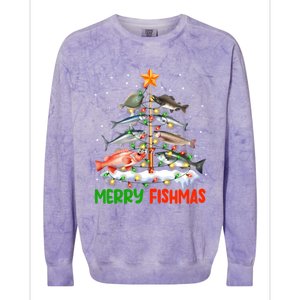 Merry Fishmas Funny Christmas Tree Lights Fish Fishing Rod Gift Colorblast Crewneck Sweatshirt