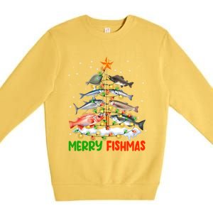 Merry Fishmas Funny Christmas Tree Lights Fish Fishing Rod Gift Premium Crewneck Sweatshirt