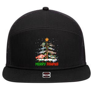 Merry Fishmas Funny Christmas Tree Lights Fish Fishing Rod Gift 7 Panel Mesh Trucker Snapback Hat