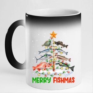 Merry Fishmas Funny Christmas Tree Lights Fish Fishing Rod Gift 11oz Black Color Changing Mug