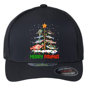 Merry Fishmas Funny Christmas Tree Lights Fish Fishing Rod Gift Flexfit Unipanel Trucker Cap