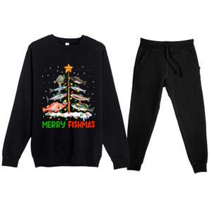 Merry Fishmas Funny Christmas Tree Lights Fish Fishing Rod Gift Premium Crewneck Sweatsuit Set