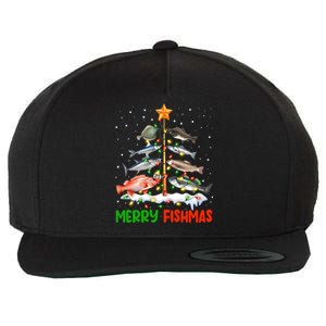 Merry Fishmas Funny Christmas Tree Lights Fish Fishing Rod Gift Wool Snapback Cap