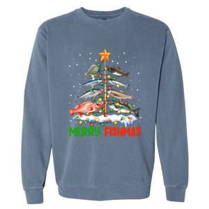 Merry Fishmas Funny Christmas Tree Lights Fish Fishing Rod Gift Garment-Dyed Sweatshirt