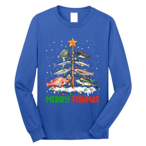 Merry Fishmas Funny Christmas Tree Lights Fish Fishing Rod Gift Long Sleeve Shirt