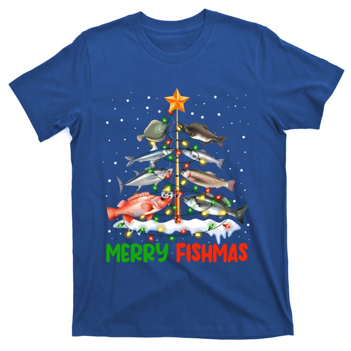 Merry Fishmas Funny Christmas Tree Lights Fish Fishing Rod Gift T-Shirt