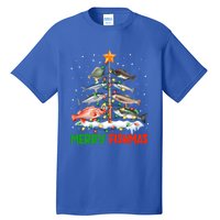 Merry Fishmas Funny Christmas Tree Lights Fish Fishing Rod Gift Tall T-Shirt