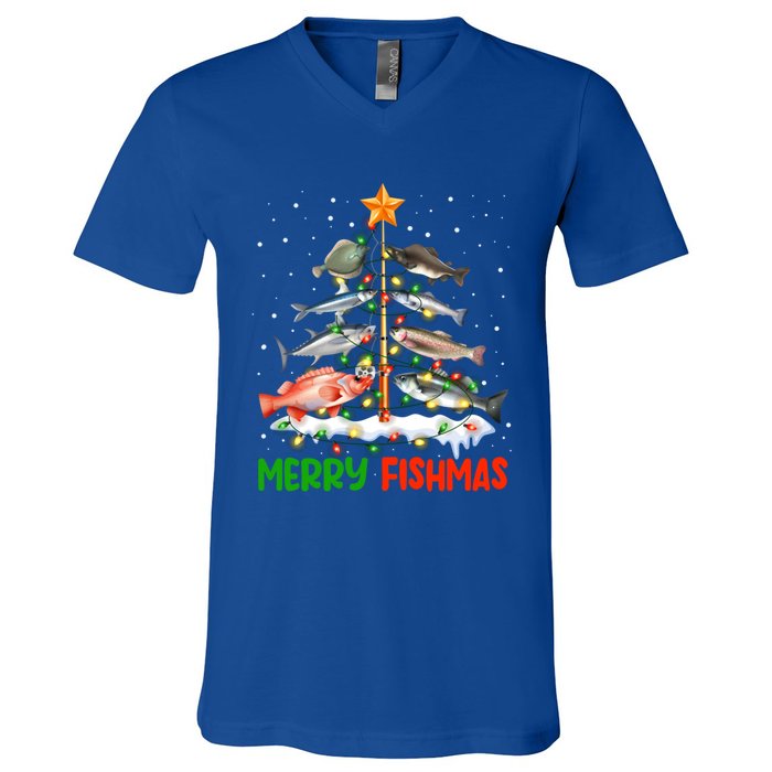 Merry Fishmas Funny Christmas Tree Lights Fish Fishing Rod Gift V-Neck T-Shirt