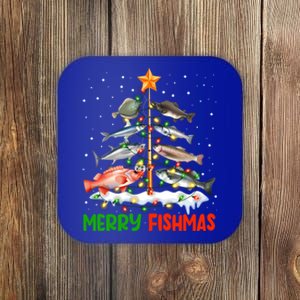 Merry Fishmas Funny Christmas Tree Lights Fish Fishing Rod Gift Coaster