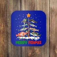 Merry Fishmas Funny Christmas Tree Lights Fish Fishing Rod Gift Coaster