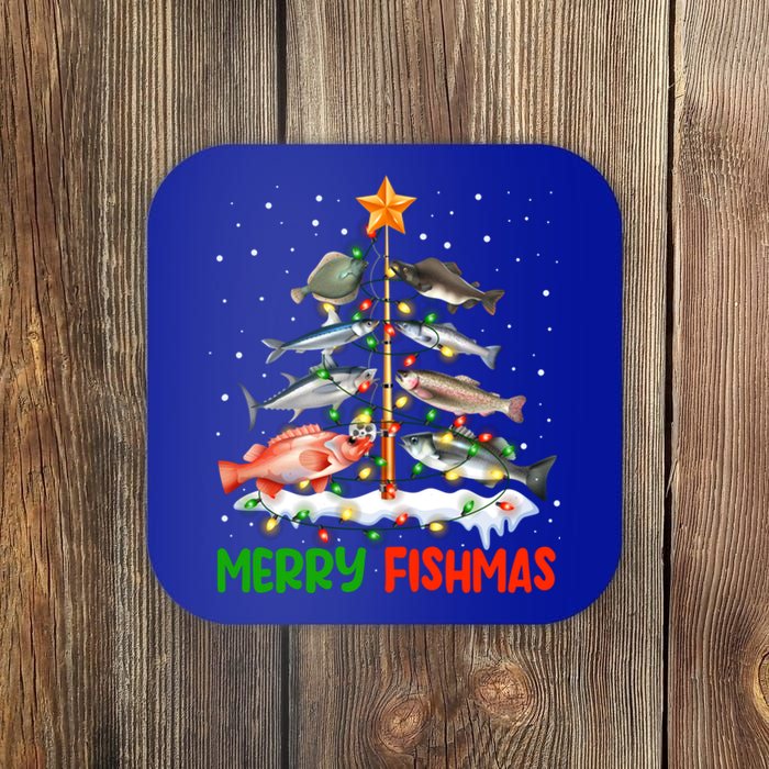 Merry Fishmas Funny Christmas Tree Lights Fish Fishing Rod Gift Coaster