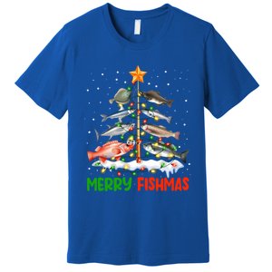 Merry Fishmas Funny Christmas Tree Lights Fish Fishing Rod Gift Premium T-Shirt