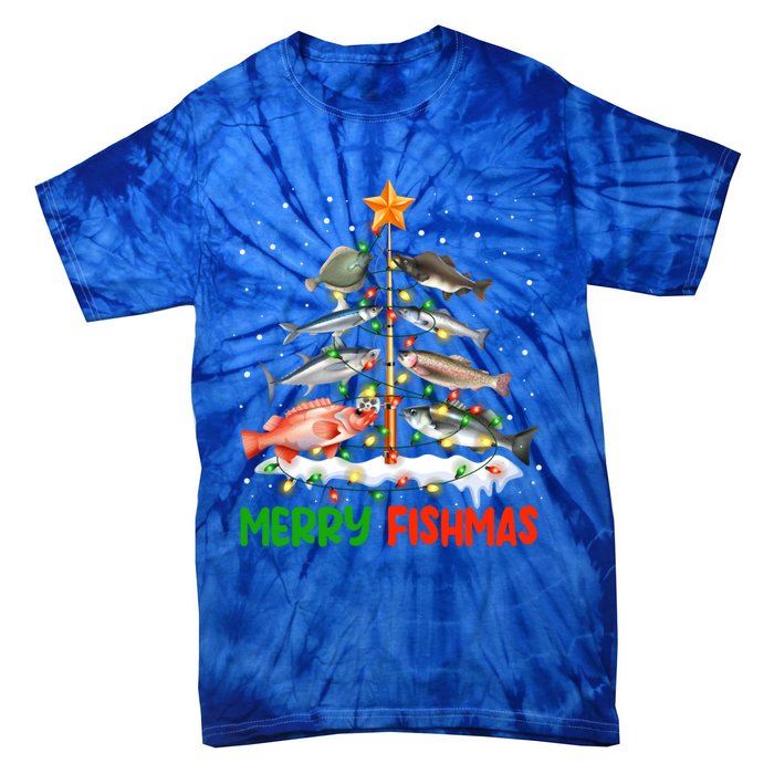 Merry Fishmas Funny Christmas Tree Lights Fish Fishing Rod Gift Tie-Dye T-Shirt