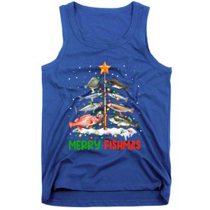 Merry Fishmas Funny Christmas Tree Lights Fish Fishing Rod Gift Tank Top