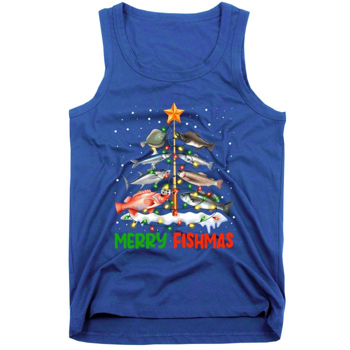 Merry Fishmas Funny Christmas Tree Lights Fish Fishing Rod Gift Tank Top