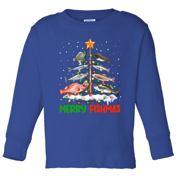 Merry Fishmas Funny Christmas Tree Lights Fish Fishing Rod Gift Toddler Long Sleeve Shirt