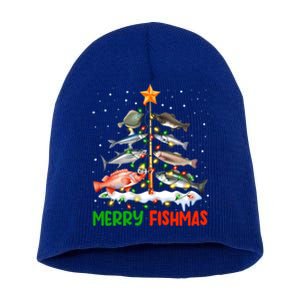 Merry Fishmas Funny Christmas Tree Lights Fish Fishing Rod Gift Short Acrylic Beanie