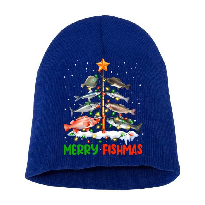 Merry Fishmas Funny Christmas Tree Lights Fish Fishing Rod Gift Short Acrylic Beanie