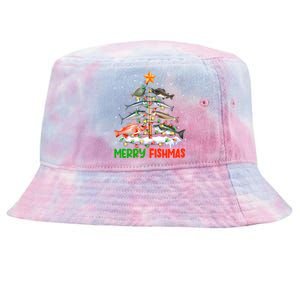 Merry Fishmas Funny Christmas Tree Lights Fish Fishing Rod Gift Tie-Dyed Bucket Hat