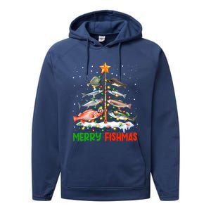 Merry Fishmas Funny Christmas Tree Lights Fish Fishing Rod Gift Performance Fleece Hoodie