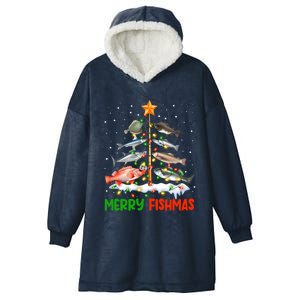 Merry Fishmas Funny Christmas Tree Lights Fish Fishing Rod Gift Hooded Wearable Blanket