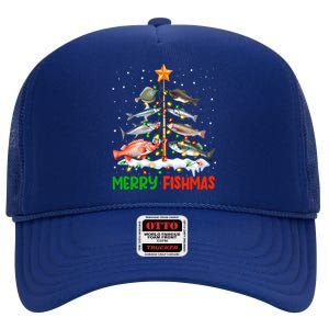 Merry Fishmas Funny Christmas Tree Lights Fish Fishing Rod Gift High Crown Mesh Back Trucker Hat