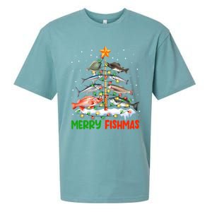 Merry Fishmas Funny Christmas Tree Lights Fish Fishing Rod Gift Sueded Cloud Jersey T-Shirt