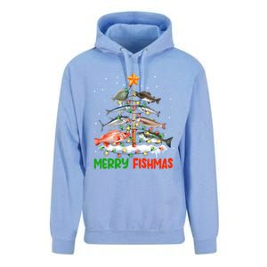 Merry Fishmas Funny Christmas Tree Lights Fish Fishing Rod Gift Unisex Surf Hoodie