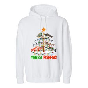 Merry Fishmas Funny Christmas Tree Lights Fish Fishing Rod Gift Garment-Dyed Fleece Hoodie