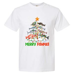 Merry Fishmas Funny Christmas Tree Lights Fish Fishing Rod Gift Garment-Dyed Heavyweight T-Shirt