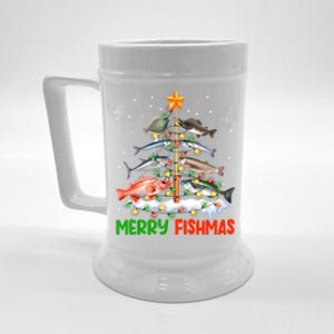 Merry Fishmas Funny Christmas Tree Lights Fish Fishing Rod Gift Beer Stein