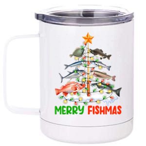 Merry Fishmas Funny Christmas Tree Lights Fish Fishing Rod Gift 12 oz Stainless Steel Tumbler Cup