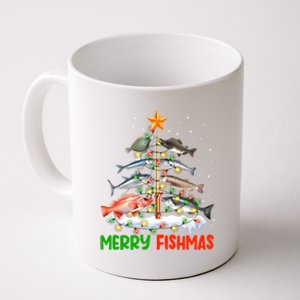 Merry Fishmas Funny Christmas Tree Lights Fish Fishing Rod Gift Coffee Mug