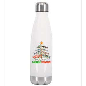 Merry Fishmas Funny Christmas Tree Lights Fish Fishing Rod Gift Stainless Steel Insulated Water Bottle