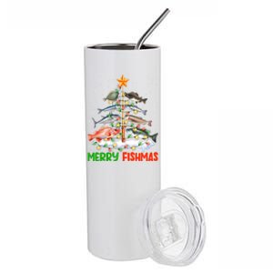 Merry Fishmas Funny Christmas Tree Lights Fish Fishing Rod Gift Stainless Steel Tumbler