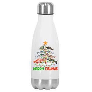 Merry Fishmas Funny Christmas Tree Lights Fish Fishing Rod Gift Stainless Steel Insulated Water Bottle