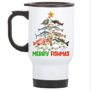 Merry Fishmas Funny Christmas Tree Lights Fish Fishing Rod Gift Stainless Steel Travel Mug