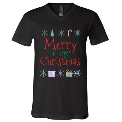 Merry Fucking (Fing) Christmas Funny Sarcastic Quote V-Neck T-Shirt