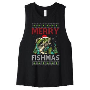 Merry Fishmas Fishing Ugly Christmas Large Mouth Bass Women's Racerback Cropped Tank