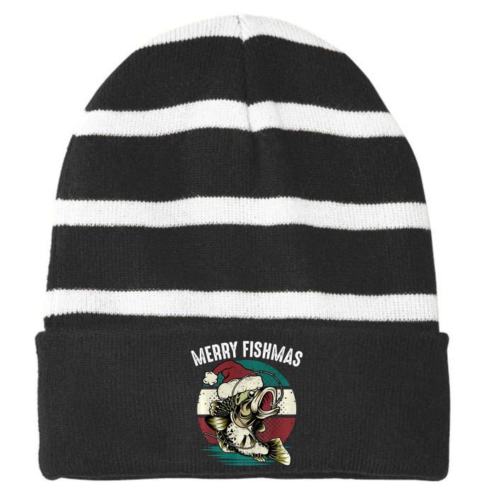 Merry Fishmas Funny Christmas Fishing Lover Fisherman Angler Striped Beanie with Solid Band