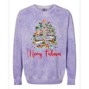 Merry Fishmas Funny Christmas Tree Lights Fish Fishing Rod Colorblast Crewneck Sweatshirt