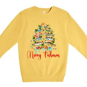 Merry Fishmas Funny Christmas Tree Lights Fish Fishing Rod Premium Crewneck Sweatshirt