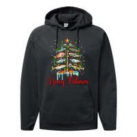 Merry Fishmas Funny Christmas Tree Lights Fish Fishing Rod Performance Fleece Hoodie