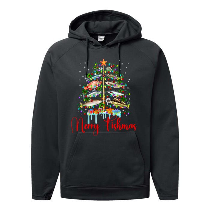 Merry Fishmas Funny Christmas Tree Lights Fish Fishing Rod Performance Fleece Hoodie