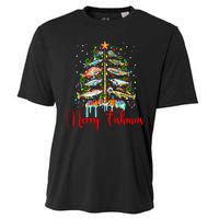 Merry Fishmas Funny Christmas Tree Lights Fish Fishing Rod Cooling Performance Crew T-Shirt